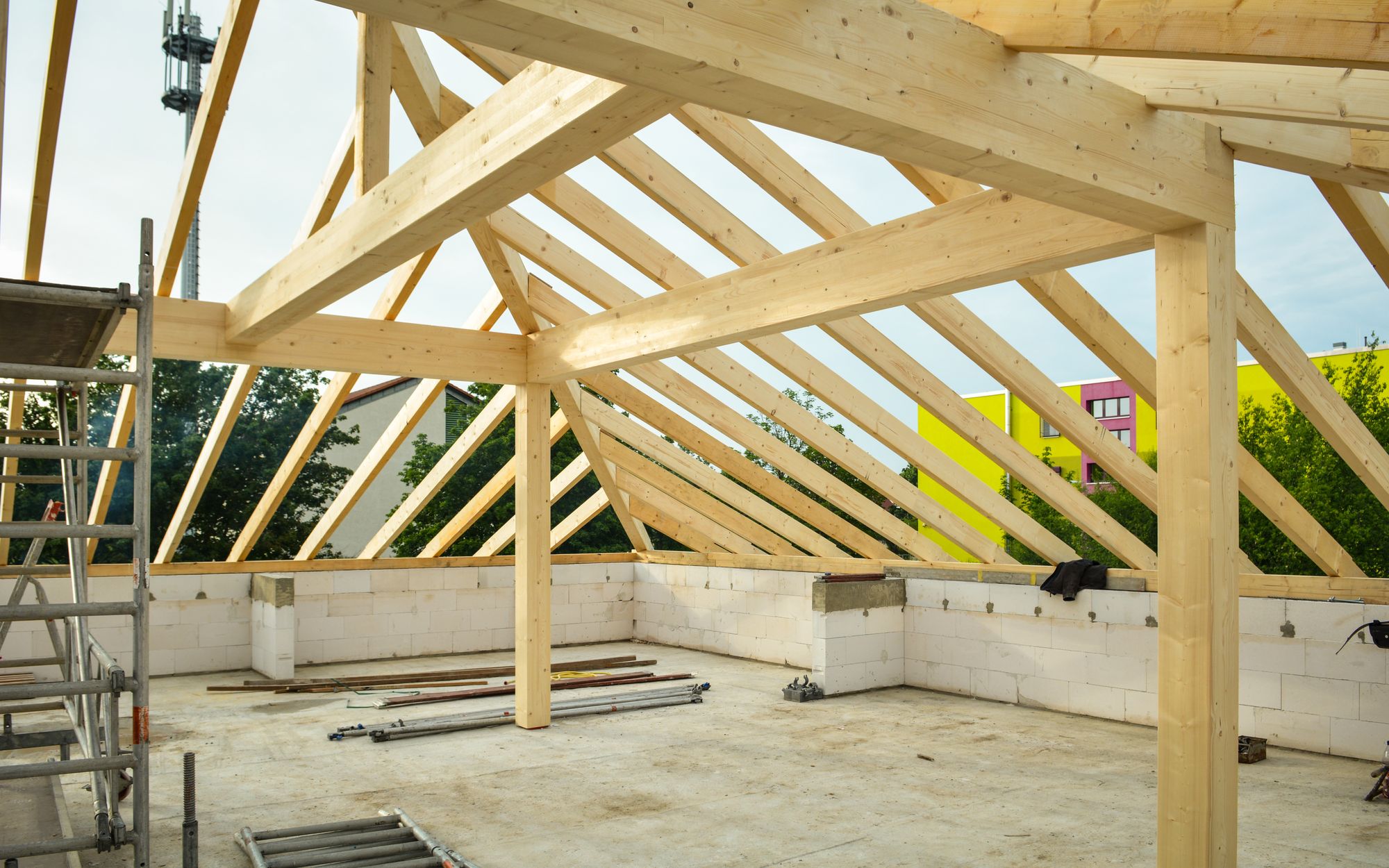 Timber roof frame on a building under construction